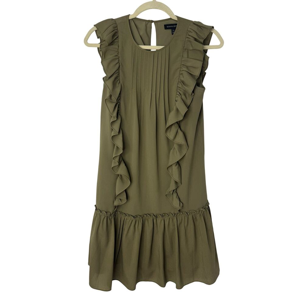 Banana Republic Olive Green Ruffle Shift Dress Pleated Front Sleeveless Size XS